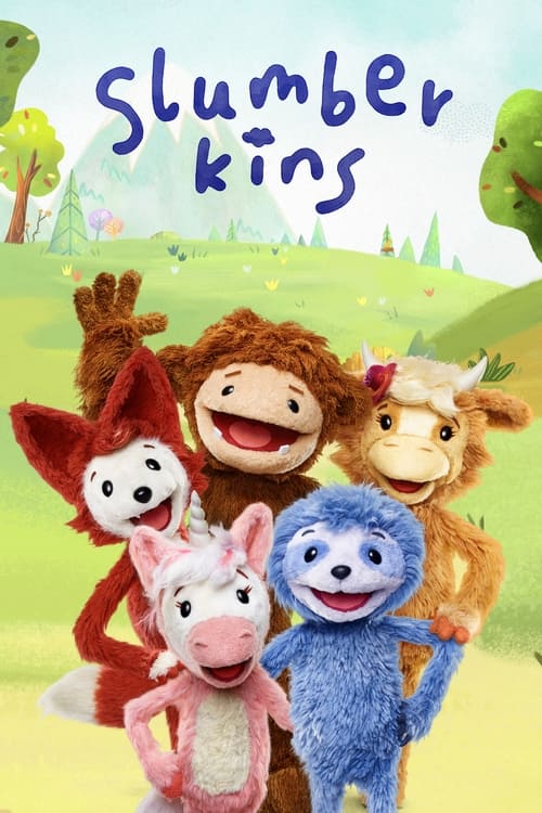 This vibrant poster showcases the beloved Slumberkins, a group of colorful, expressive puppets with warm, inviting faces. The cheerful scene captures the playful and friendly mood of the show, with each character standing out against a bright, dreamy background.