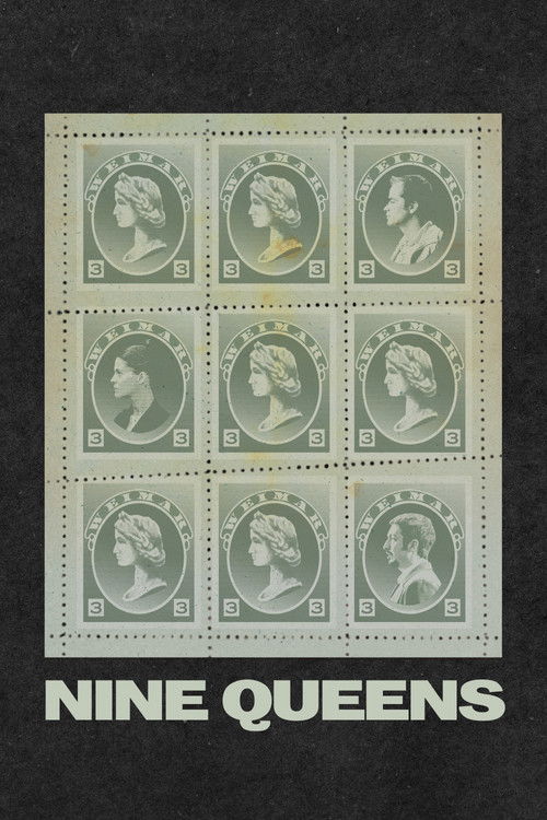 The poster features a grid of nine vintage postage stamps, each depicting a Queen in profile against a muted green background. The title "NINE QUEENS" is boldly printed at the bottom in white capital letters. The overall mood is nostalgic and regal, evoking a sense of historical significance and ...