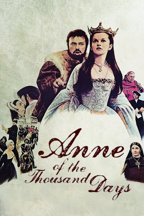 The poster features Anne of the Thousand Days in a regal blue gown, flanked by a man and a woman in period costumes. The muted sepia tones and vintage aesthetic evoke a sense of historical drama and romance.