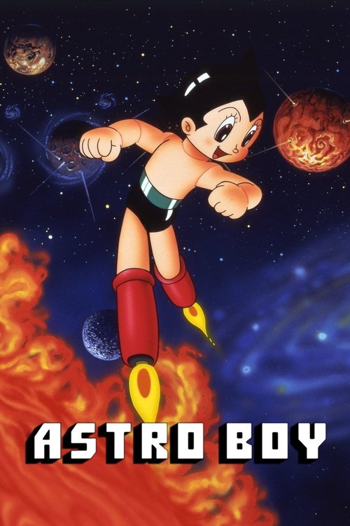 Astro Boy floats in space above a fiery landscape, surrounded by planets and stars. His determined expression and dynamic pose convey a sense of adventure and determination. The vibrant colors of the planets and flames contrast beautifully with the deep blue space, creating an exciting and advent...