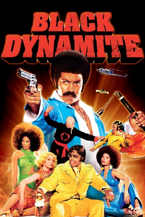 The poster features a central figure in a blue suit with a mustache, surrounded by other characters in vibrant yellow and green outfits. The bold red title "BLACK DYNAMITE" dominates the top, evoking a sense of action and excitement. The overall mood is energetic and dramatic, capturing the essen...