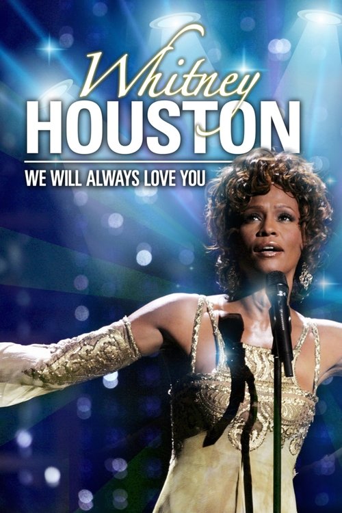 The poster features Whitney Houston in a glamorous gold dress against a vibrant blue background, exuding confidence and grace. The bold, white text announces her iconic song, with a warm, inviting mood that captures the timeless appeal of her music.