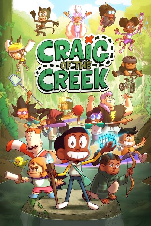 This vibrant poster showcases a lively scene from "Craig of the Creek," featuring colorful characters in playful poses against a lush green backdrop. The cheerful, cartoonish style with bright hues and dynamic expressions conveys a fun, adventurous mood.
