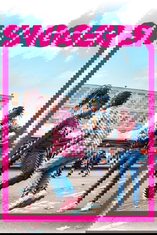 A vibrant poster featuring three children joyfully running in a colorful urban setting, with the bold pink title "SWAGGER" dominating the frame. The lively atmosphere and playful energy convey a sense of fun and freedom.
