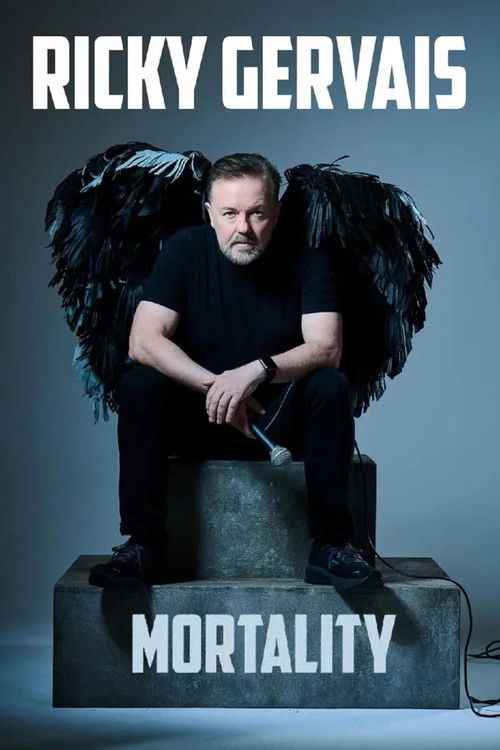Ricky Gervais sits atop a dark, ominous stone with massive black wings spread wide, exuding an eerie, theatrical mood. The stark white text "RICKY GERVAIS" and "MORTALITY" dominate the poster, emphasizing the film's dark, supernatural themes.