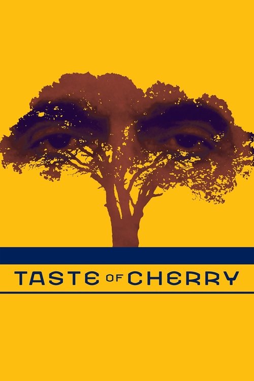 This poster features a stylized tree silhouette against a vibrant yellow background, evoking a sense of nature and warmth. The bold black text "TASTE OF CHERRY" anchors the composition, suggesting a culinary journey. The overall mood is inviting and nostalgic, promising an experience that blends ...