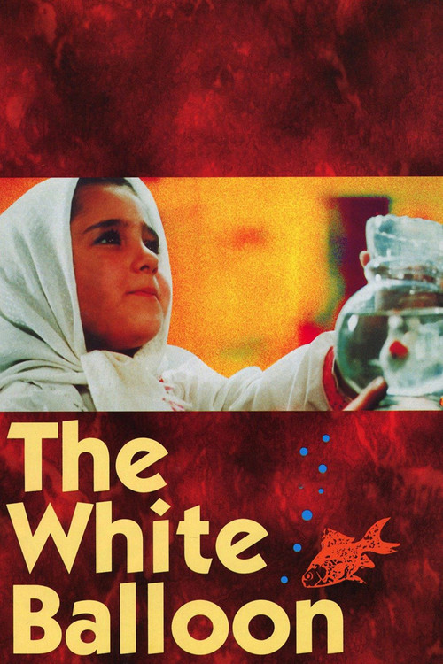 The poster features a young girl in a white hijab holding a glass, set against a warm, fiery background. The title "The White Balloon" is prominently displayed in bold, yellow text, accompanied by a small illustration of a red balloon. The overall composition evokes a sense of nostalgia and emoti...