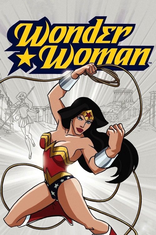 The poster features Wonder Woman in her iconic red and gold costume, holding a lasso with a determined expression. The background includes a faint sketch of a battle scene, emphasizing the action-packed nature of the film. The vibrant colors and dynamic pose convey a sense of power and heroism.