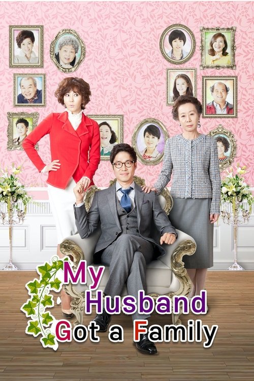 The poster features a man in a suit and two women in colorful outfits, set against a pink wall adorned with framed portraits. The mood is warm and familial, suggesting a story about family dynamics.