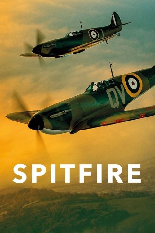 This movie poster for "Spitfire" features two Spitfire fighter planes soaring through a dramatic sunset sky. The planes are painted in dark green with roundels, and the word "SPITFIRE" is prominently displayed in bold white letters at the bottom. The overall mood is one of adventure and historica...