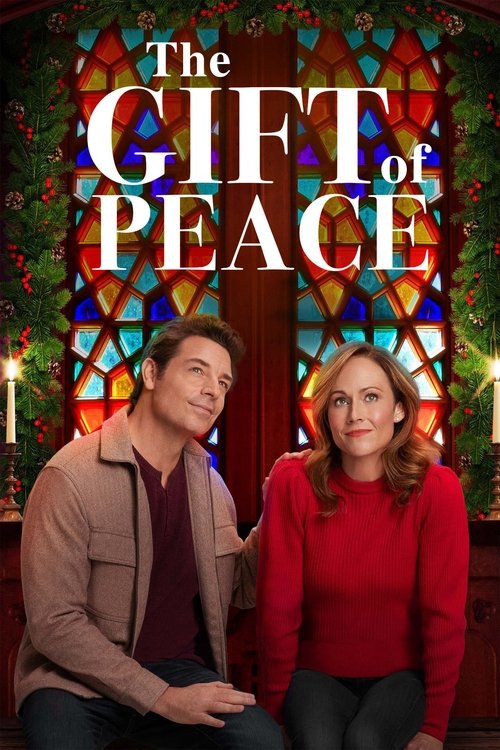 The poster features two characters in a warmly lit room with stained glass windows behind them. The man on the left wears a brown jacket over a maroon shirt, while the woman on the right dons a red sweater. Their expressions convey a sense of calm and contentment, suggesting a story about finding...