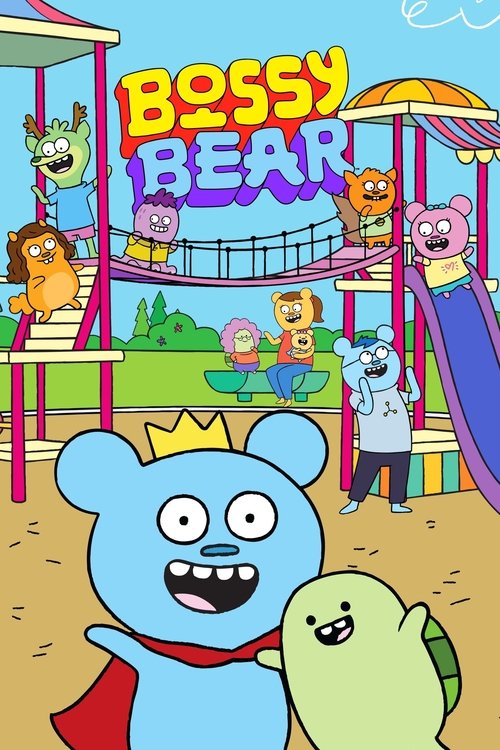 The vibrant poster features a cheerful blue bear with a red cape and crown, standing proudly in front of a colorful playground. Surrounding him are lively characters in various outfits, including a pink bear, a green bear, and a blue bear with a blue hat. The bright yellow and blue sky adds to th...