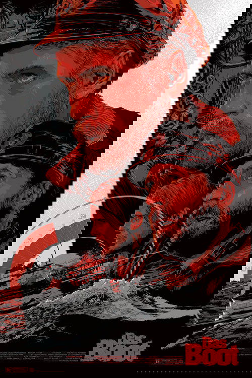 The poster features a gritty, sepia-toned image of two men in World War II-era uniforms, one with a stern expression and the other looking forward. The red and black color scheme creates a somber, intense mood. The title "Das Boot" is prominently displayed in bold red letters at the bottom, empha...