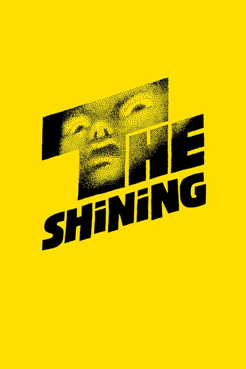 The poster features a hauntingly eerie image of a man's face, partially obscured by a jagged black shape, set against a vibrant yellow background. The bold, black text "THE SHINING" adds a chilling, mysterious tone, evoking suspense and horror.