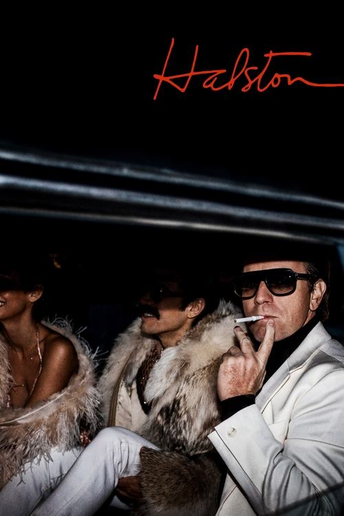 This poster features Halston in a dimly lit scene with a mysterious, moody atmosphere. He wears sunglasses and a white jacket, smoking a cigarette while surrounded by other individuals in dark clothing. The red text "Halston" stands out against the black background, creating a striking visual con...
