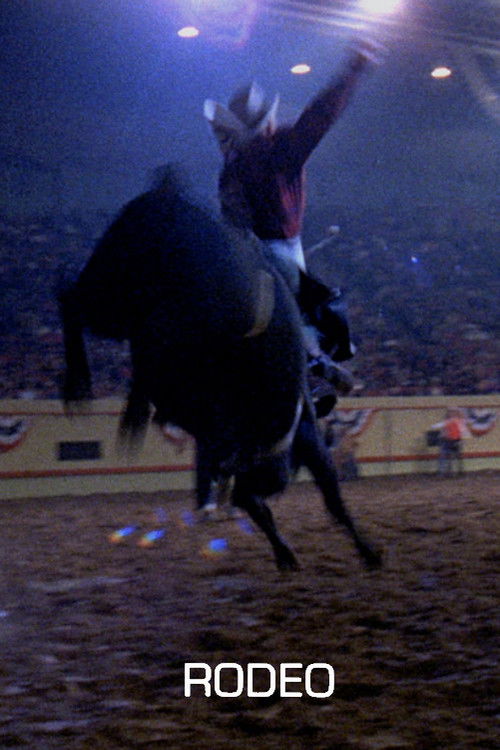 The poster captures the thrilling chaos of a rodeo, with a bull rider in mid-air, arms outstretched, as he leaps over a bucking bull. The dark, moody atmosphere is enhanced by the spotlight on the rider and the crowd in the background. The bold white text "RODEO" anchors the image, emphasizing th...