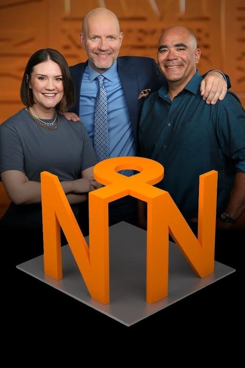 A group of three smiling professionals stands proudly behind a large "N" logo, with warm lighting and a professional atmosphere.