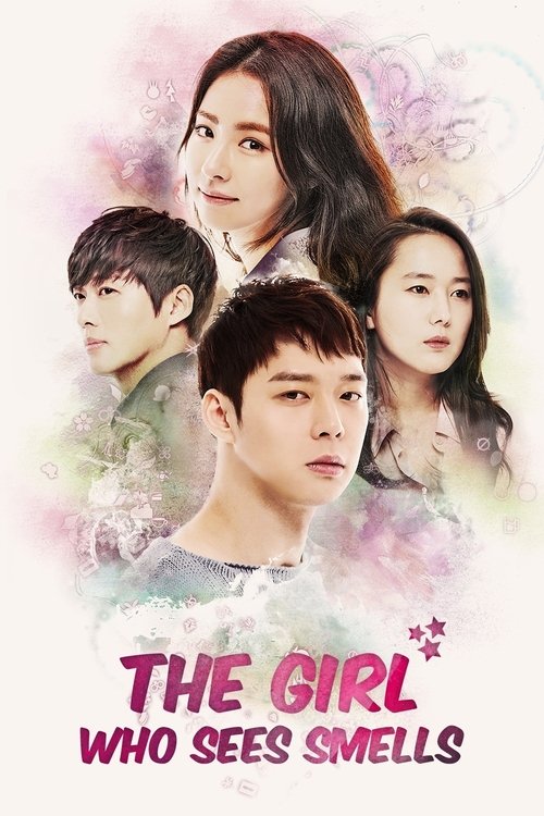 The poster features a group of young people with soft, dreamy colors against a pastel background. The mood is romantic and mysterious, with the title "The Girl Who Sees Smells" prominently displayed in pink and purple text.