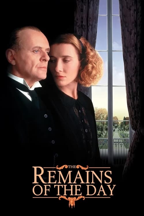The poster features a man and woman in formal evening wear, gazing intently at each other through a large window. The warm, golden lighting casts a romantic and mysterious atmosphere, while the dark curtains frame the scene, emphasizing the elegance of the setting.