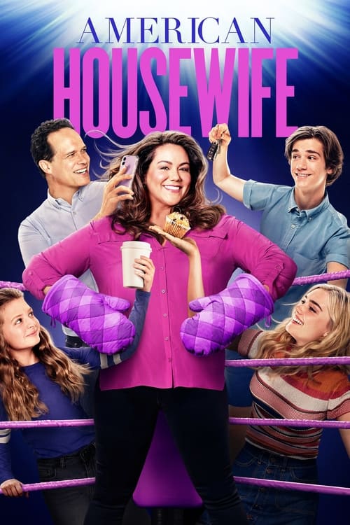 The poster features a central woman in a vibrant purple outfit holding a microphone, surrounded by four men in casual attire. The background is filled with colorful, playful elements like a pink and purple striped fence, creating a lively and energetic atmosphere. The mood is cheerful and fun, su...