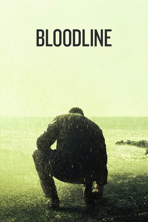 The poster features a lone figure crouching on a grassy field under a pale, misty sky, evoking a somber and reflective mood. The title "BLOODLINE" is prominently displayed in bold, uppercase letters at the top, suggesting themes of family, identity, and unresolved conflict.