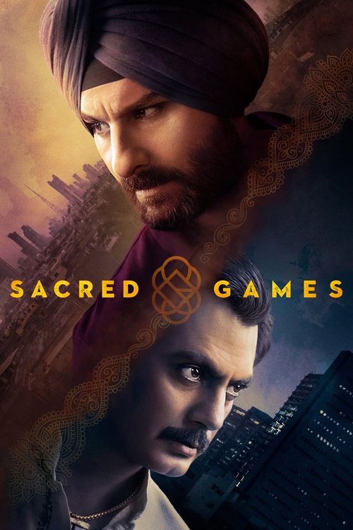 The poster features two men in traditional Indian attire against a dramatic, fiery background. The warm tones of orange and red evoke a sense of passion and intensity, while the dark, moody cityscape behind them adds depth and mystery. The title "Sacred Games" is prominently displayed in elegant ...