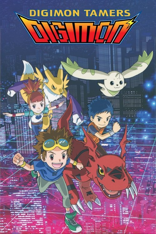 The vibrant poster features four young Digimon characters in dynamic poses against a cyberpunk cityscape backdrop. The characters exude energy and adventure, with their colorful outfits and expressive faces capturing the excitement of the show. The bold, stylized title and energetic color palette...