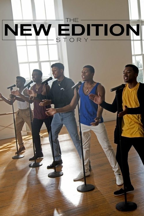 The poster features five energetic dancers in a vibrant studio setting, with warm lighting casting dramatic shadows. The bold black text "THE NEW EDITION STORY" anchors the image, emphasizing the show's dynamic and exciting tone.