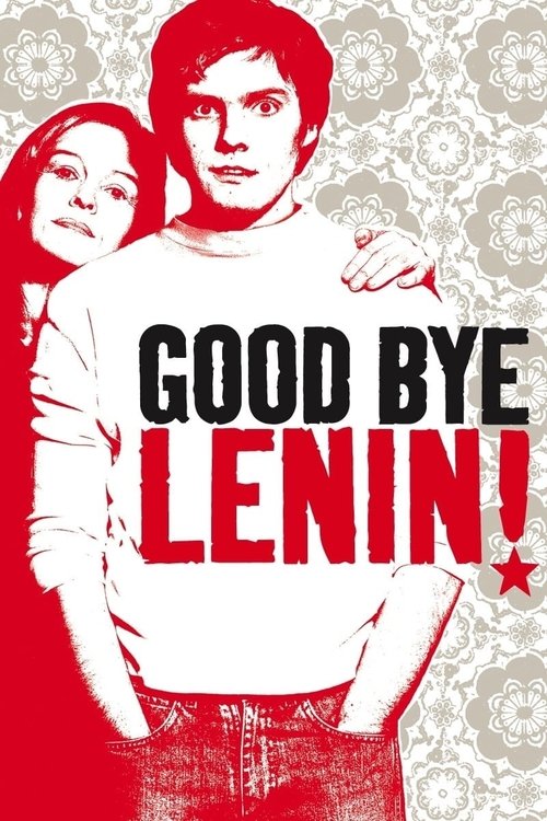 The poster features a striking red and white design with a man in a white shirt and a woman in the background, both exuding a sense of nostalgia and melancholy. The bold text "GOOD BYE LENIN!" dominates the center, evoking a sense of farewell and historical significance. The overall mood is one o...