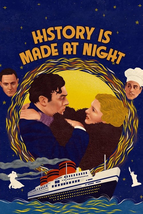 The poster features a dramatic scene with three characters framed within a glowing, golden wreath against a starry night sky. A classic cruise ship glides across the water below, symbolizing adventure and travel. The warm colors contrast with the deep blue background, creating a nostalgic yet mys...