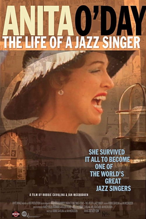 The poster features Anita O'Day in a striking close-up, her face illuminated by warm golden light against a sepia-toned background. She wears a wide-brimmed hat and a dark dress, exuding elegance and passion. The text highlights her journey as a jazz singer, emphasizing her resilience and iconic ...