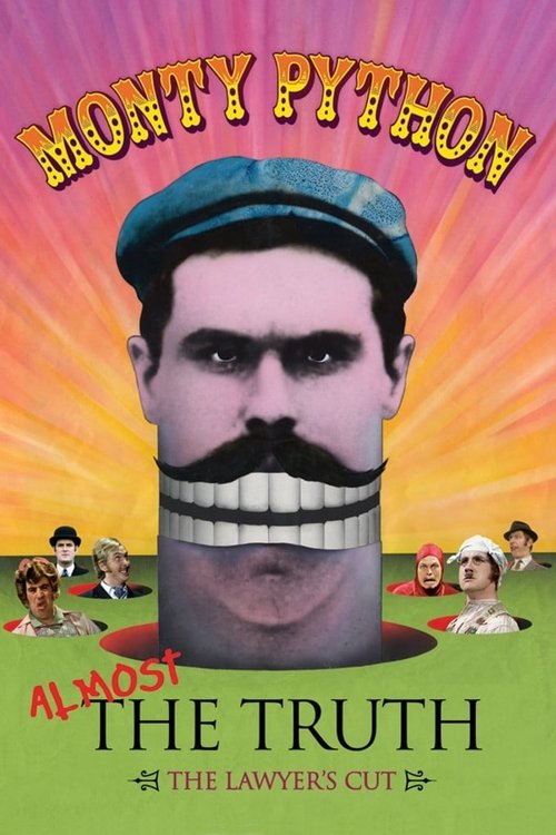 The poster features Monty Python's iconic mustache and hat against a vibrant sunset backdrop. It depicts the show's signature characters in colorful, playful poses. The design conveys a humorous, nostalgic mood with its bright colors and recognizable visual style.