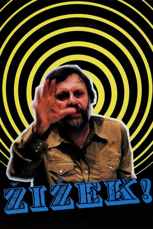 The poster features a man with a beard and headphones, set against a swirling yellow and black spiral background. The title "Žižek!" is prominently displayed in bold blue letters at the bottom. The overall mood is mysterious and intense, evoking themes of obsession and introspection.