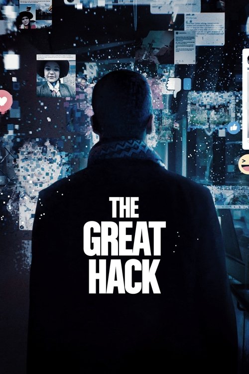 The poster features a silhouette of a man against a dark, cyberpunk background filled with digital data streams and screens. The title "THE GREAT HACK" is prominently displayed in bold white letters. The mood is mysterious and futuristic, suggesting a thriller or sci-fi narrative.