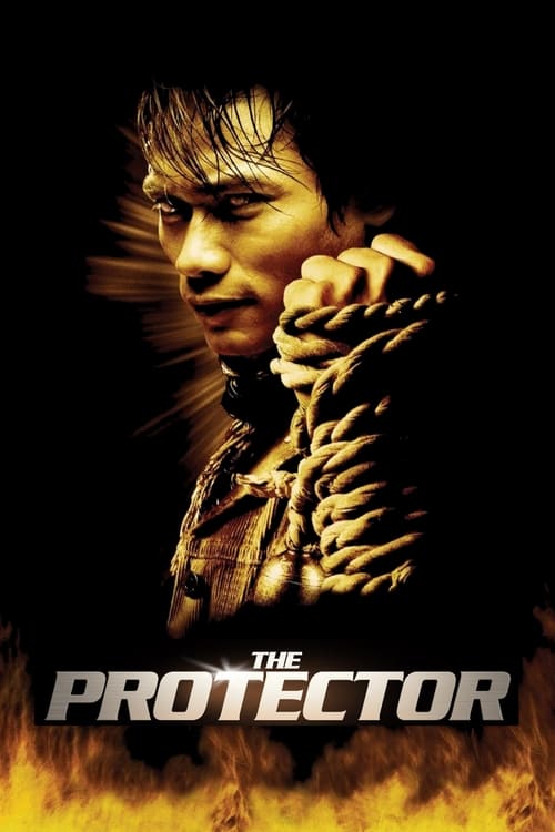 The poster features a determined man in a gritty, dark setting with intense lighting. The title "The Protector" is prominently displayed in bold, metallic letters. The overall mood is intense and action-packed, evoking a sense of danger and resilience.