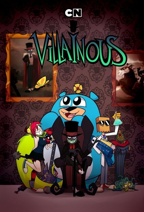 This TV show poster features a vibrant blue villainous character with a confident smile, surrounded by colorful, dynamic figures in a dramatic, moody atmosphere. The dark, patterned background enhances the eerie and mysterious tone, while the bold green title adds a striking visual impact.