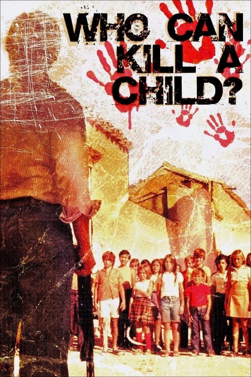 The poster features a lone figure in a dark vest against a fiery, golden background, while a group of children gathers in the foreground. The intense red handprints and bold text convey a sense of danger and urgency, evoking a suspenseful and thrilling atmosphere.