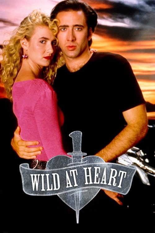 The poster features a man and woman in a romantic embrace against a sunset backdrop. The man wears a black shirt, while the woman dons a pink dress. The title "Wild at Heart" is prominently displayed in a stylized font, suggesting a passionate and adventurous theme.