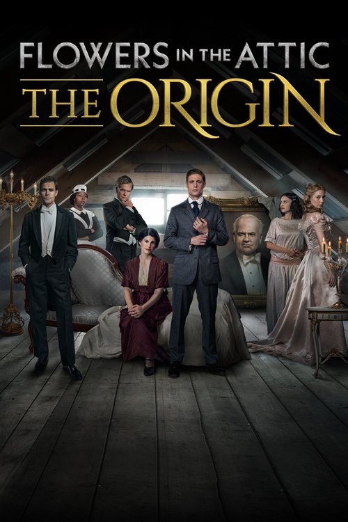 The poster features a group of elegantly dressed characters in a dimly lit, rustic attic setting. Warm tones of gold and deep browns contrast with the cool, muted colors of their formal attire. The mood is mysterious and slightly eerie, suggesting a supernatural or historical mystery.