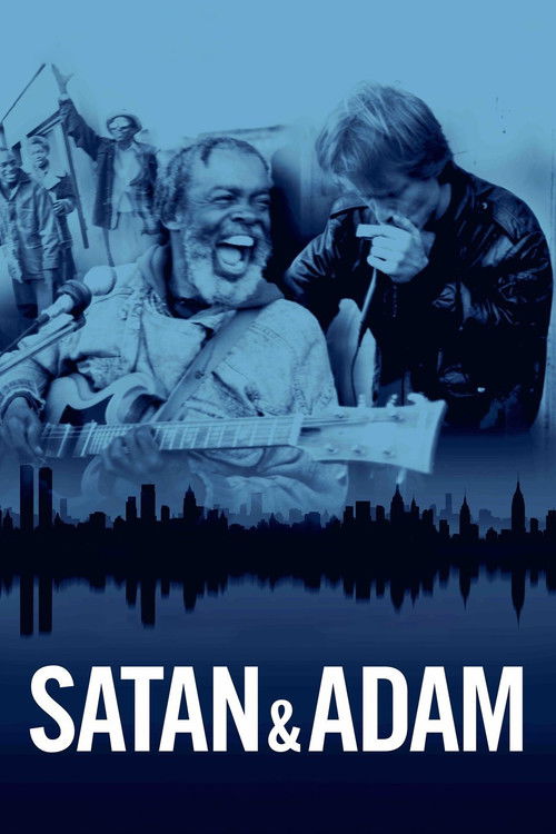 The poster features a blue-toned image of two people laughing together, with one person holding a newspaper. The title "SATAN & ADAM" is prominently displayed in bold white letters at the bottom. The overall mood is humorous and lighthearted, suggesting a comedic or satirical tone.