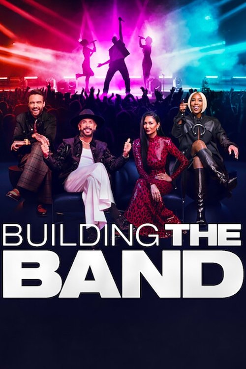 The poster features five energetic performers against a vibrant backdrop of purple and blue stage lights, creating a dynamic and lively atmosphere. The bold text "BUILDING THE BAND" anchors the image, emphasizing the show's theme of musical collaboration and community building.