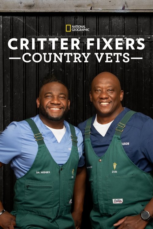 Two smiling country vets in green overalls stand against a dark wooden backdrop, radiating warmth and camaraderie. The National Geographic logo hints at professional quality, while the cheerful expressions convey a friendly, approachable tone.