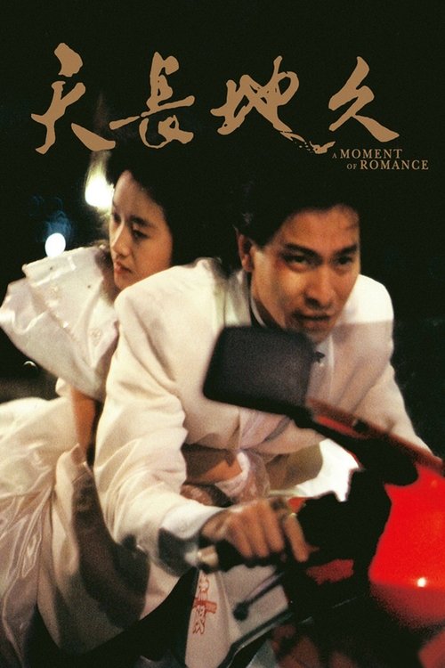 The poster features a man in a white suit and a woman in a flowing white dress, both looking intense. The background is dark with a hint of red, creating a dramatic and romantic atmosphere. The title "天长地久" is prominently displayed in elegant Chinese characters.