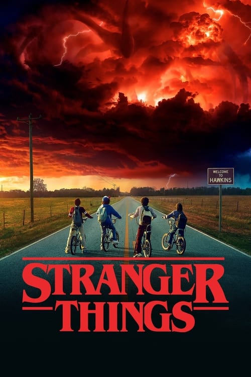 The poster features silhouettes of six children standing on a dark road under a fiery, stormy sky with lightning. The title "Stranger Things" is prominently displayed in bold red letters at the bottom. The ominous red and orange colors evoke a sense of danger and urgency, while the lone figure in...