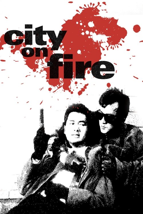 This black-and-white poster features two characters in a tense, dramatic pose against a stark white background. A splattered red blood motif adds an intense, gritty atmosphere, suggesting a high-stakes thriller.