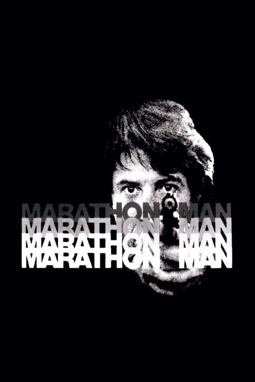 The poster features a striking black-and-white portrait of a man with a determined expression, his face partially obscured by bold white text that reads "MARATHON MAN." The stark contrast between the dark background and the monochromatic image evokes a sense of intensity and grit, capturing the s...
