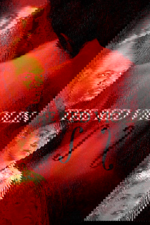 The poster features four characters against a dark, fiery background, with the title "THE RED VIOLIN" prominently displayed. The intense red and orange hues evoke a sense of danger and passion, while the characters' expressions suggest mystery and intrigue.