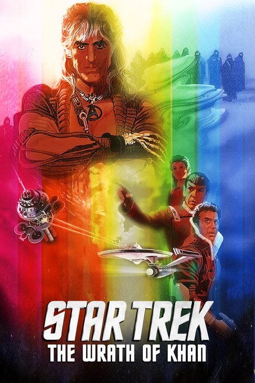 The poster features a central figure with arms crossed, surrounded by vibrant colors—reds, blues, greens, and yellows. Smaller characters are visible in the background, suggesting a group cast. The title "Star Trek II: The Wrath of Khan" is prominently displayed at the bottom. The overall mood is...