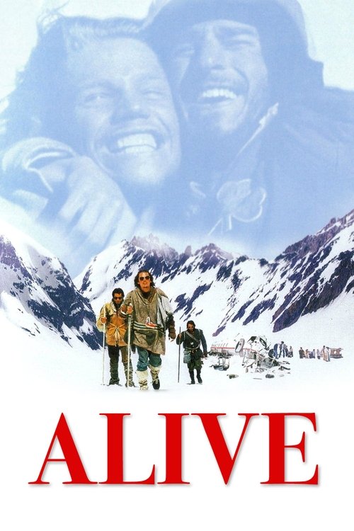 The poster features a snowy mountain landscape with three figures standing in the foreground, while two smiling faces appear in the background. The warm colors of the figures contrast with the cool tones of the snow and sky, evoking a sense of adventure and camaraderie. The title "ALIVE" in bold ...
