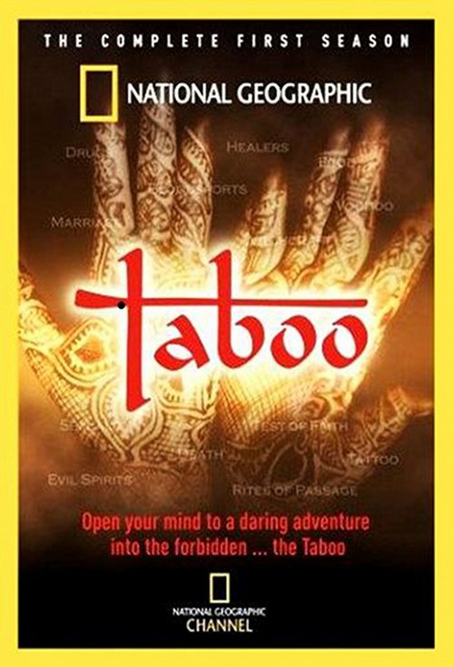 The poster features a dramatic, fiery hand gripping a mysterious object, evoking suspense and mystery. The warm, golden hues create an intense and mysterious atmosphere, while the bold red title "Taboo" stands out against the dark background.
